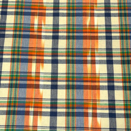 生地 【 インド綿マドラスチェック イカット オレンジ×グリーン 】 108cm巾 綿100％ ikat チェック生地 コットンチェック 先染め