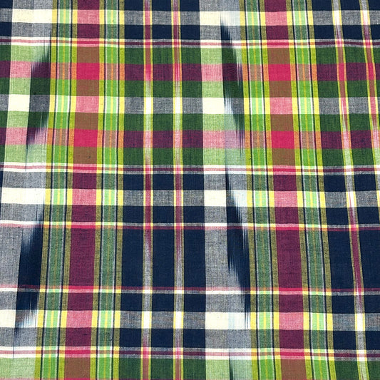 生地 【 インド綿マドラスチェック イカット ネイビー×グリーン 】 108cm巾 綿100％ ikat チェック生地 コットンチェック 先染め