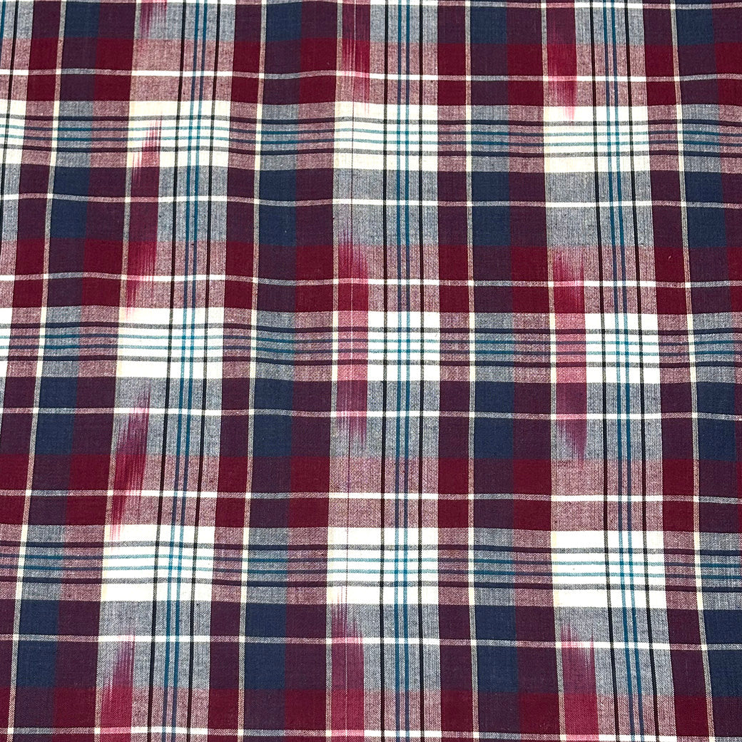 生地 【 インド綿マドラスチェック イカット エンジ×ターコイズ 】 108cm巾 綿100％ ikat チェック生地 コットンチェック 先染め