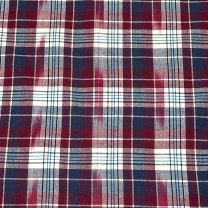 生地 【 インド綿マドラスチェック イカット エンジ×ターコイズ 】 108cm巾 綿100％ ikat チェック生地 コットンチェック 先染め