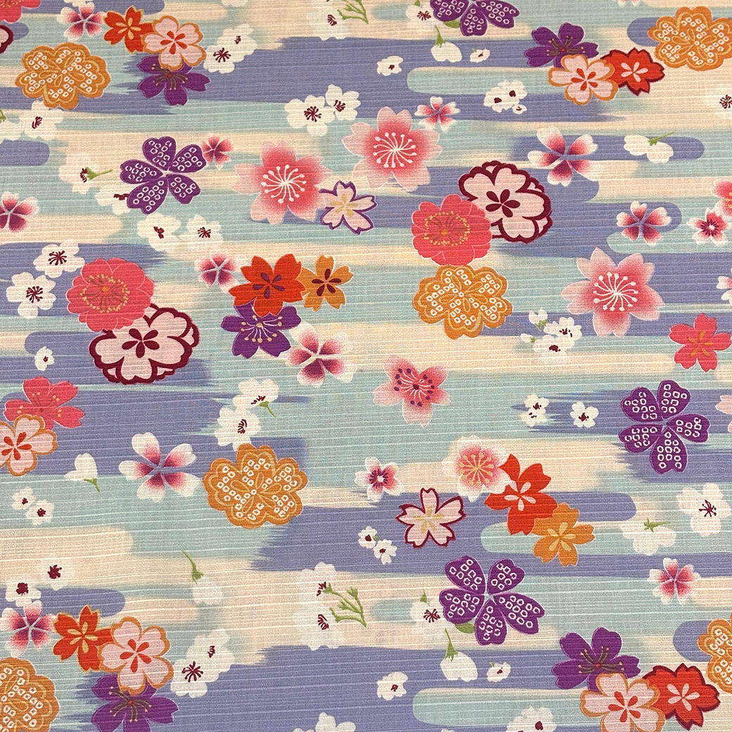 生地 【 和柄シャンタン 梅×さくら パープル×スカイ 】 シャンタン生地 平織り スラブ 110cm巾 和柄 桜 梅 花柄 和風 綿100％