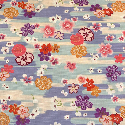 生地 【 和柄シャンタン 梅×さくら パープル×スカイ 】 シャンタン生地 平織り スラブ 110cm巾 和柄 桜 梅 花柄 和風 綿100％