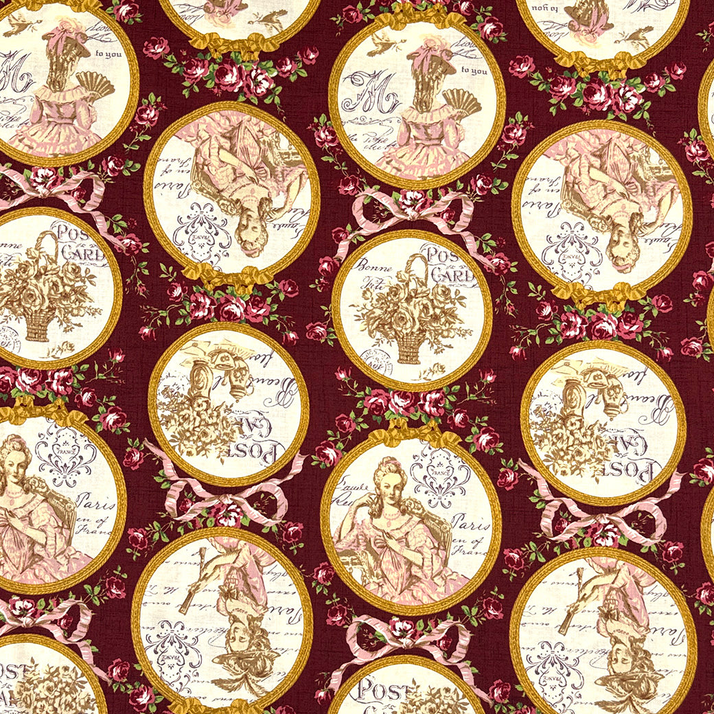 生地 【 QUILT GATE 鏡の貴婦人 ボルドー 】 キルトゲイト シーチング生地 108cm巾 貴婦人 マリーアントワネットドレス 宮廷 ティーパーティ