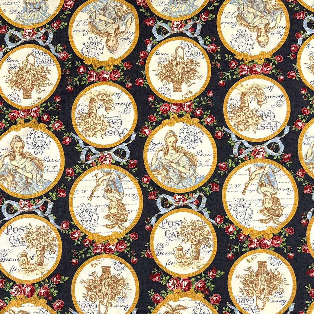 生地 【 QUILT GATE 鏡の貴婦人 黒 】 キルトゲイト シーチング生地 108cm巾 貴婦人 マリーアントワネットドレス 宮廷 ティーパーティ