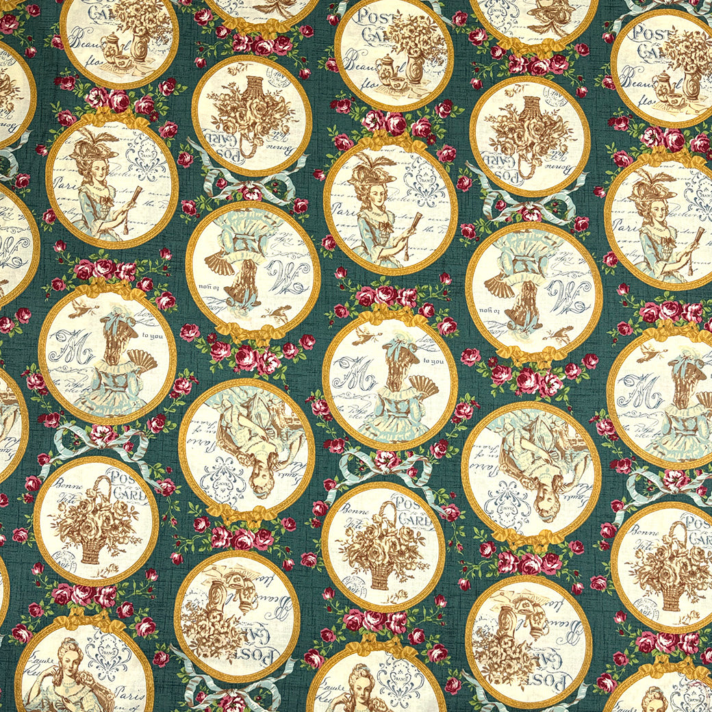 生地 【 QUILT GATE 鏡の貴婦人 緑 】 キルトゲイト シーチング生地 108cm巾 貴婦人 マリーアントワネットドレス 宮廷 ティーパーティ