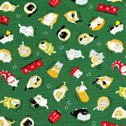 生地 【 和柄 おでん猫 グリーン 】 ドビー サザンクロス 110cm巾 綿100％