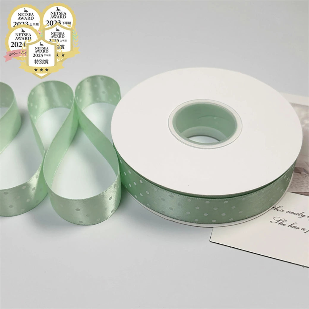 リボン【 パステルドットリボン 25mm #5ミント 】 ドットリボン サテンリボン ドット柄 水玉柄