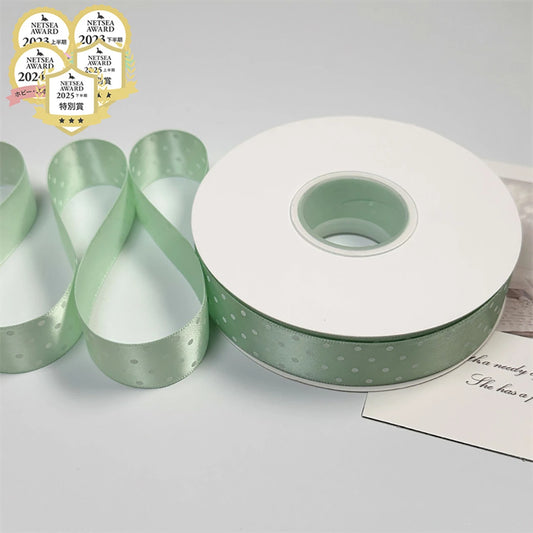 リボン【 パステルドットリボン 25mm #5ミント 】 ドットリボン サテンリボン ドット柄 水玉柄