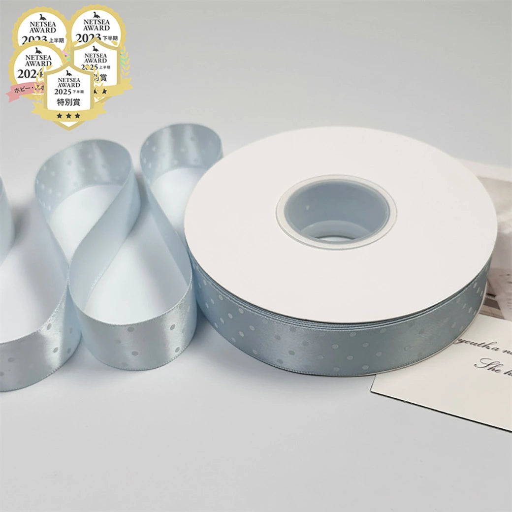 リボン【 パステルドットリボン 25mm #4水色 】 ドットリボン サテンリボン ドット柄 水玉柄