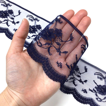 リボン 【 エンブロイダリレース 3007 紺 7.5cm 】 レースリボン 刺繍リボン