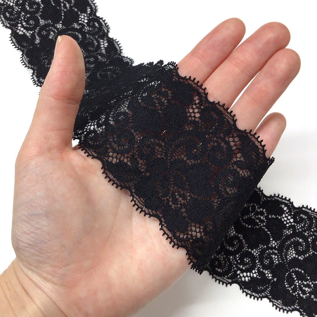 リボン【 エンブロイダリレース ストレッチ 3555 6cm 黒 】 レースリボン ストレッチ