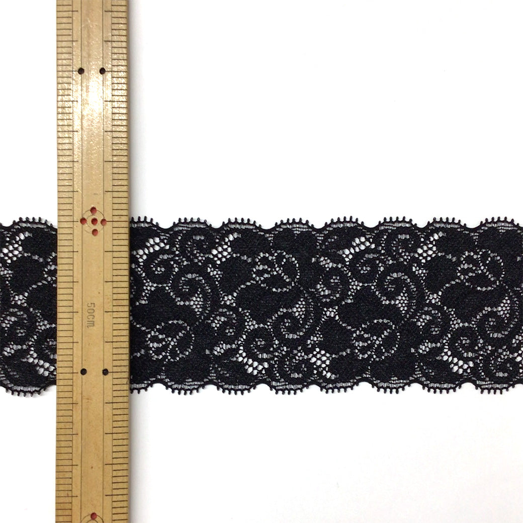 リボン【 エンブロイダリレース ストレッチ 3555 6cm 黒 】 レースリボン ストレッチ