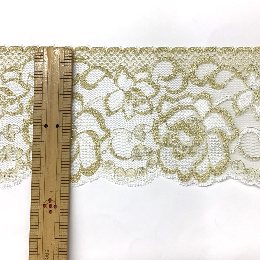 リボン 【 エンブロイダリレース 4770 白×金 9.0cm 】 レースリボン 刺繍リボン