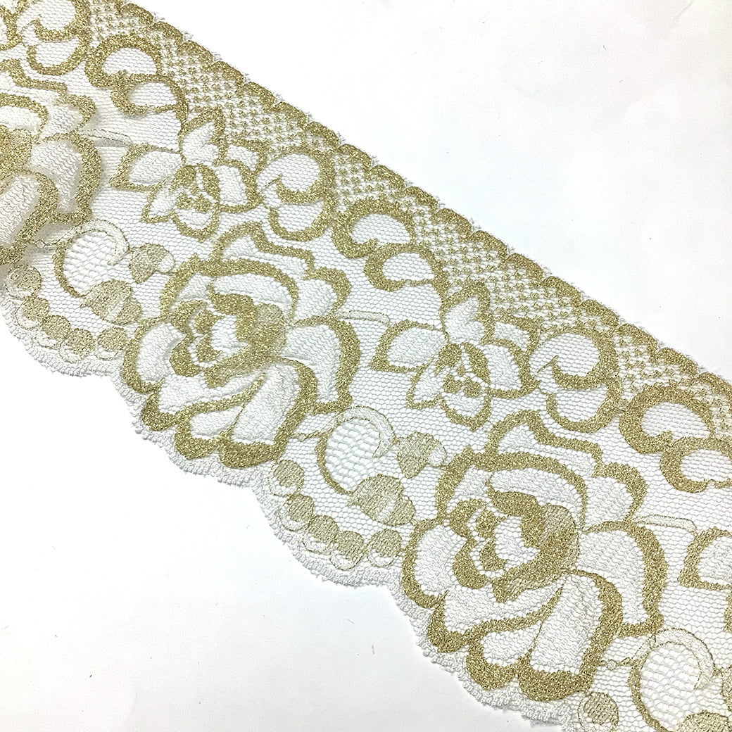 リボン 【 エンブロイダリレース 4770 白×金 9.0cm 】 レースリボン 刺繍リボン