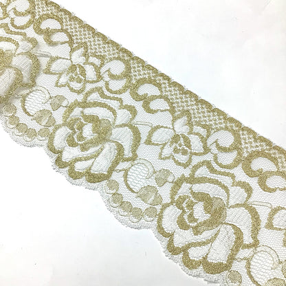 リボン 【 エンブロイダリレース 4770 白×金 9.0cm 】 レースリボン 刺繍リボン