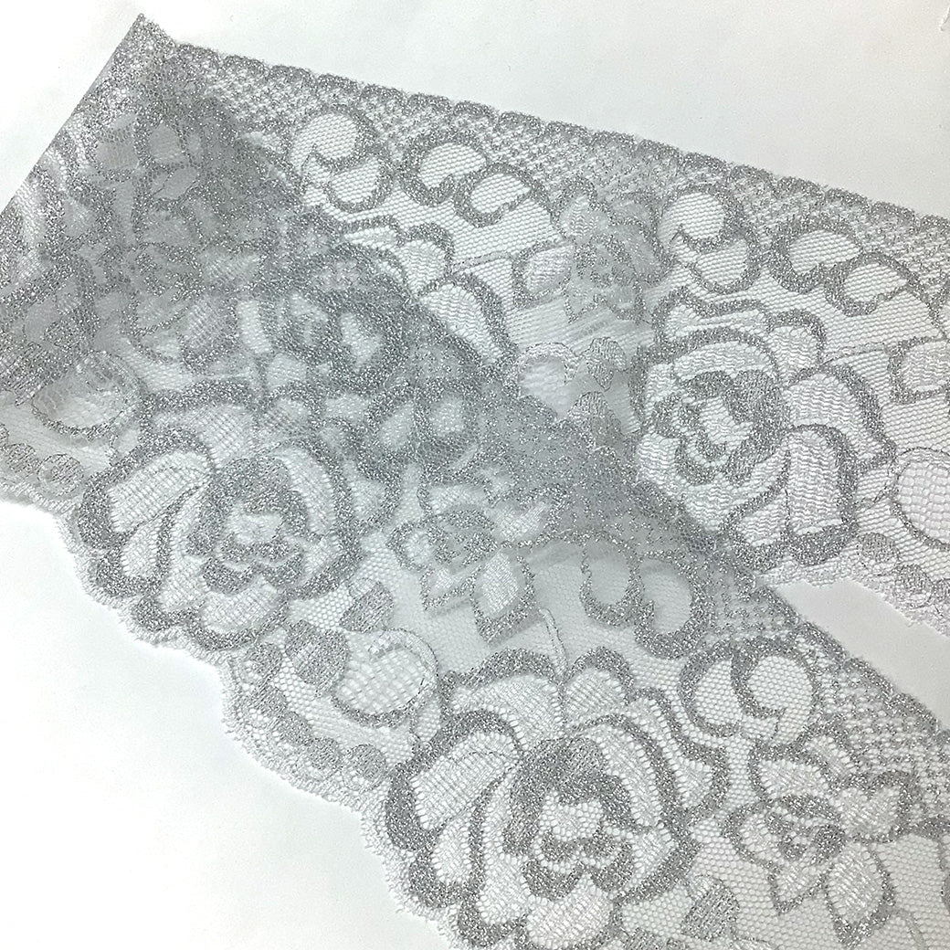 リボン 【 エンブロイダリレース 4770 白×銀 9.0cm 】 レースリボン 刺繍リボン