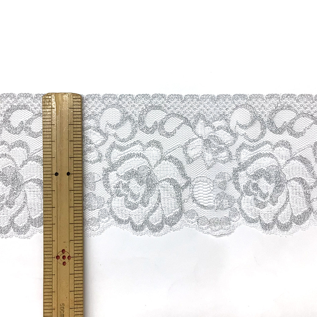 リボン 【 エンブロイダリレース 4770 白×銀 9.0cm 】 レースリボン 刺繍リボン