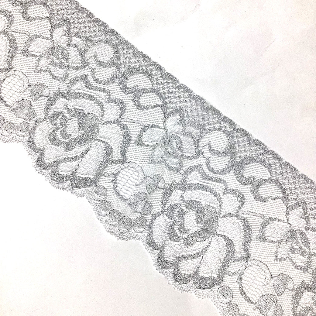 リボン 【 エンブロイダリレース 4770 白×銀 9.0cm 】 レースリボン 刺繍リボン