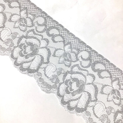 リボン 【 エンブロイダリレース 4770 白×銀 9.0cm 】 レースリボン 刺繍リボン