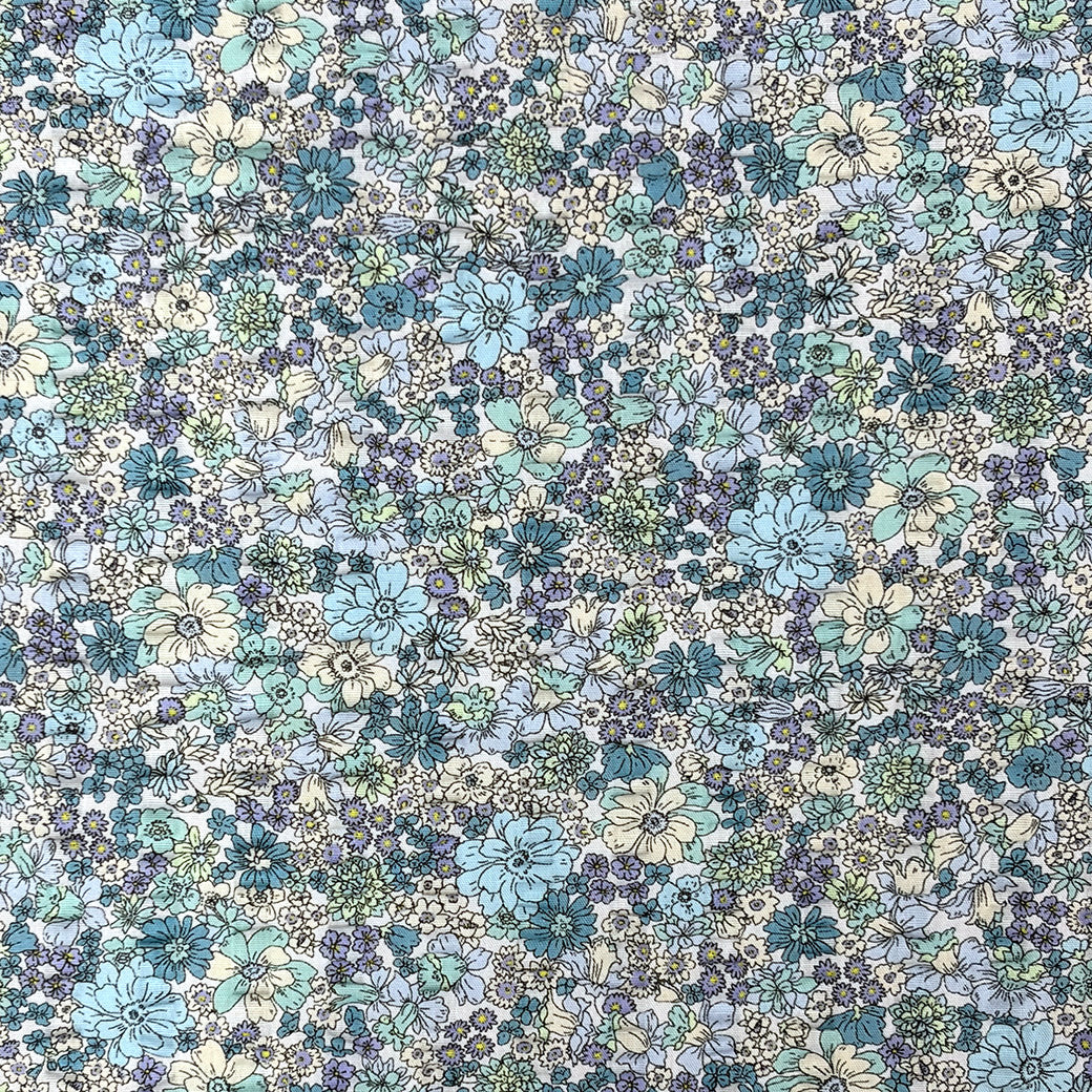 生地 【 リップル 花柄プリント 水色×ターコイズ 】 110cm巾 綿100％ リップル生地 コットンリップル 凹凸生地 サッカー生地 花柄プリント