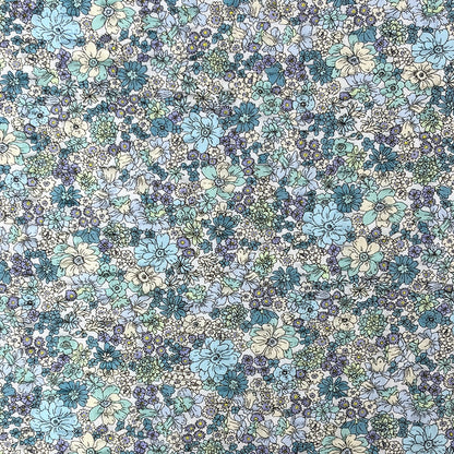 生地 【 リップル 花柄プリント 水色×ターコイズ 】 110cm巾 綿100％ リップル生地 コットンリップル 凹凸生地 サッカー生地 花柄プリント