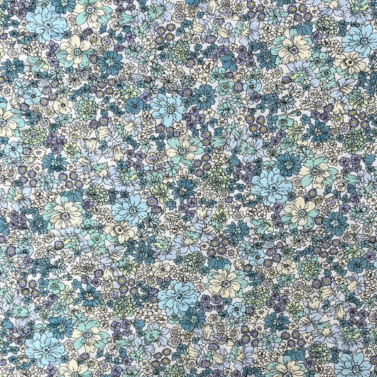 生地 【 リップル 花柄プリント 水色×ターコイズ 】 110cm巾 綿100％ リップル生地 コットンリップル 凹凸生地 サッカー生地 花柄プリント