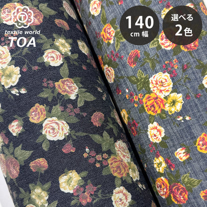 生地 【 ソフトデニム ローズプリント インディゴ 】 140cm巾 綿100％ 花柄デニム ローズ柄