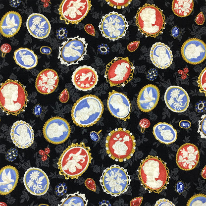 生地 【 QUILT GATE 西欧チャーム 黒 】 キルトゲイト シーチング生地 108cm巾 貴婦人 マリーアントワネット カメオ ジュエル 西欧風 国産 綿プリント