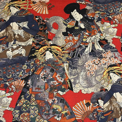 生地 【 和柄ドビー 浮世絵 赤 】 ドビー織り 110cm巾 綿 コットン100％ 甚平 浴衣 ゆかた じんべえ
