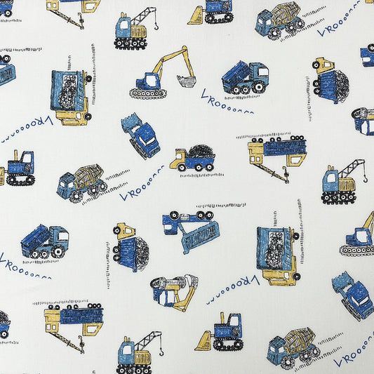 生地 【 働く車 オフカラー 】 シーチング プリント はたらくくるま 110cm巾 車柄 自動車 トラック ショベルカー 消防車 ミキサー車 綿100％