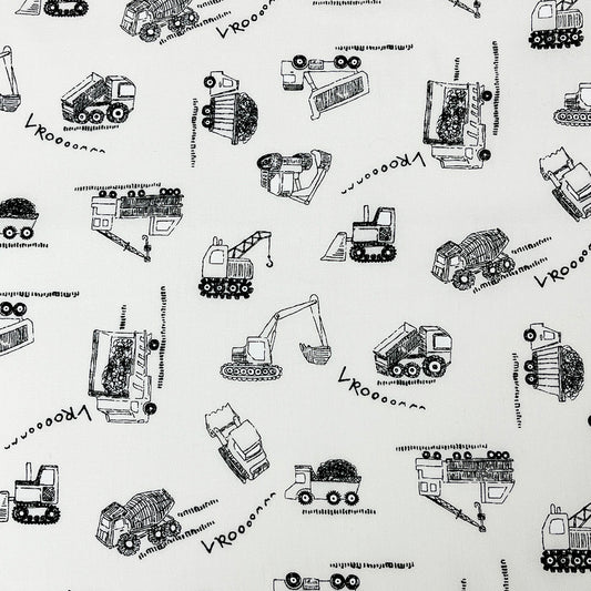生地 【 働く車 オフ×黒 】 シーチング プリント はたらくくるま 110cm巾 車柄 自動車 トラック ショベルカー 消防車 ミキサー車 綿100％
