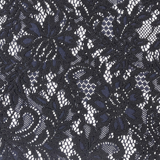 生地 【 片耳スカラCD混ボリュームレース ネイビー】 レース生地 140cm巾 幅広 花柄 植物柄