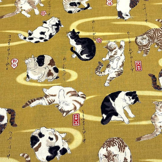 生地 【 和柄ドビー 猫 黄土】 ドビー織り 110cm巾 綿 コットン100％