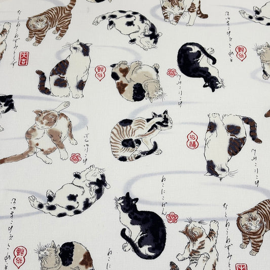 生地 【 和柄ドビー 猫 白】 ドビー織り 110cm巾 綿 コットン100％
