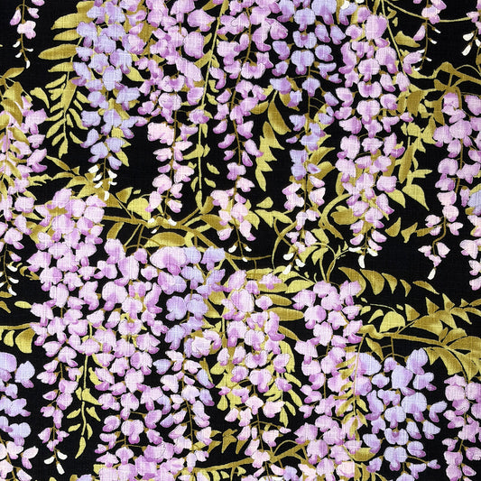 生地 【 サザンクロスPT 藤の花 黒】 110cm巾 綿100％ 藤の花柄 和柄生地 和風プリント コットン生地